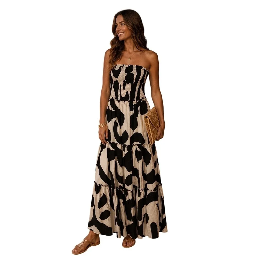 Abel The Label Black White Strapless Smocked Tiered Maxi Dress M NWT